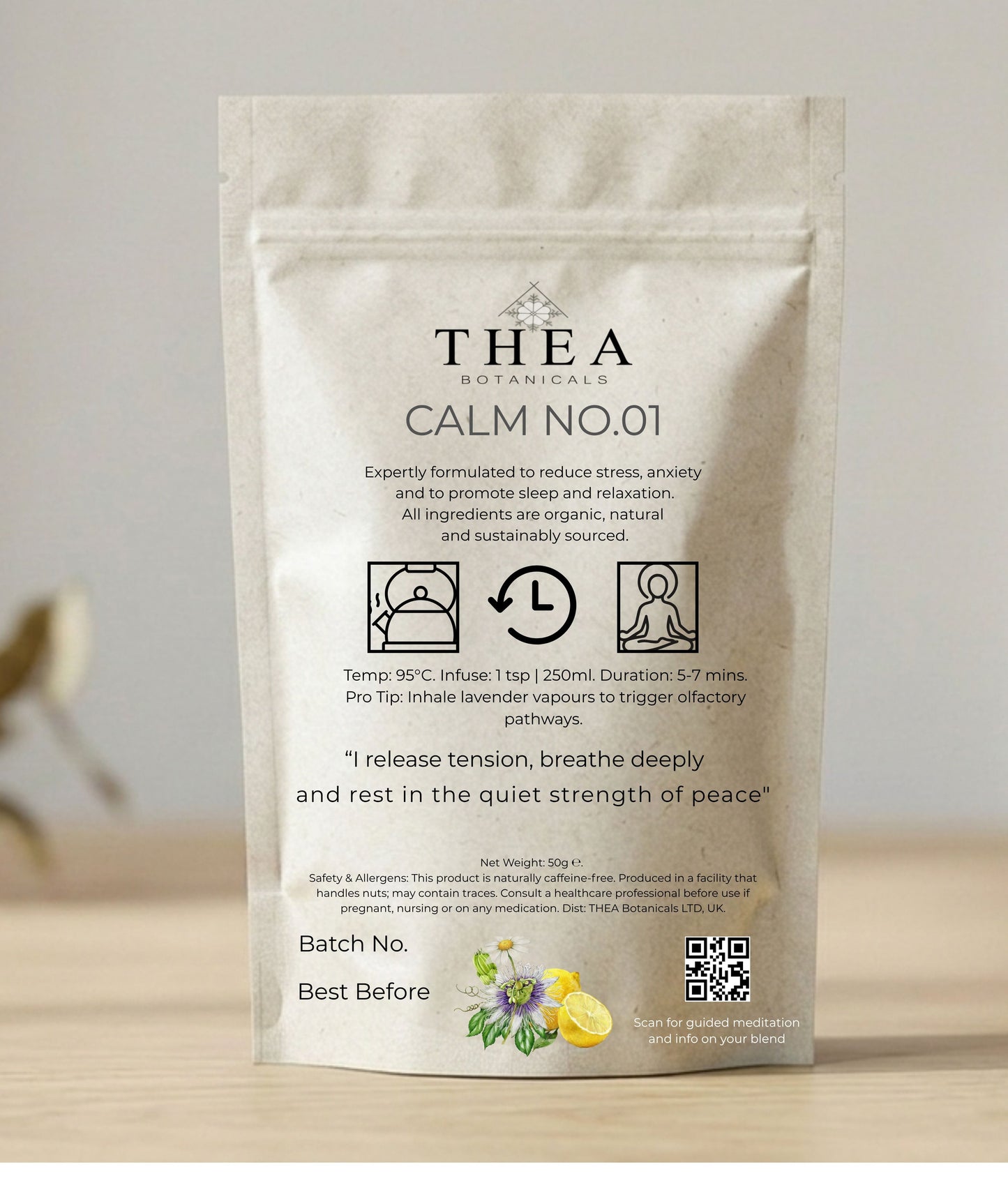 Thea Botanicals Calm Tea No.01 rear packaging showing brewing instructions and guided meditation QR code
