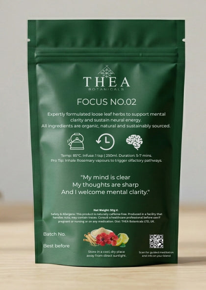 Back: Thea Botanicals Focus Tea No.02 rear packaging showing brewing instructions and guided meditation QR code