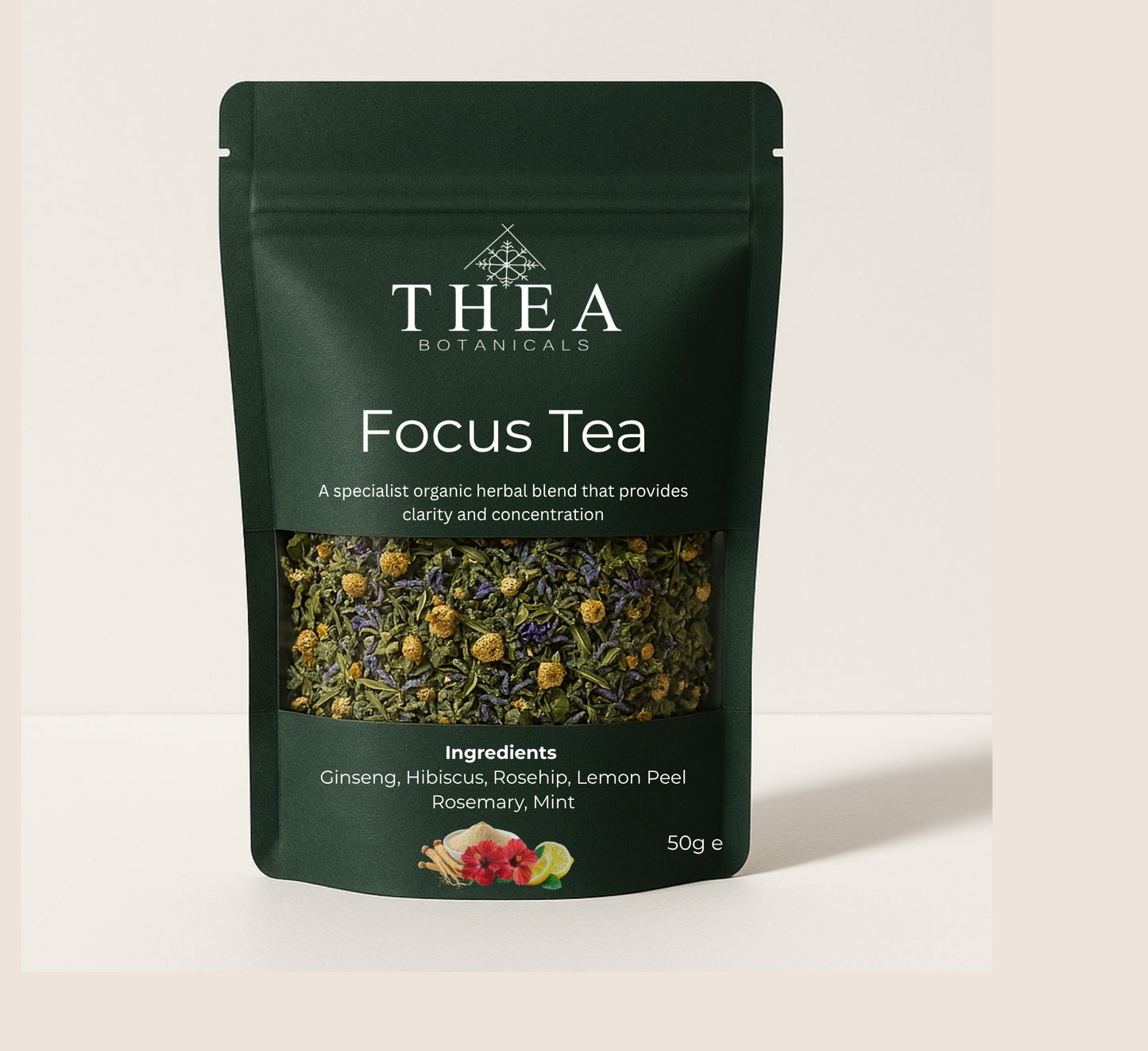 Front: Thea Botanicals Focus Tea No.02 organic loose leaf herbal blend for mental clarity and concentration