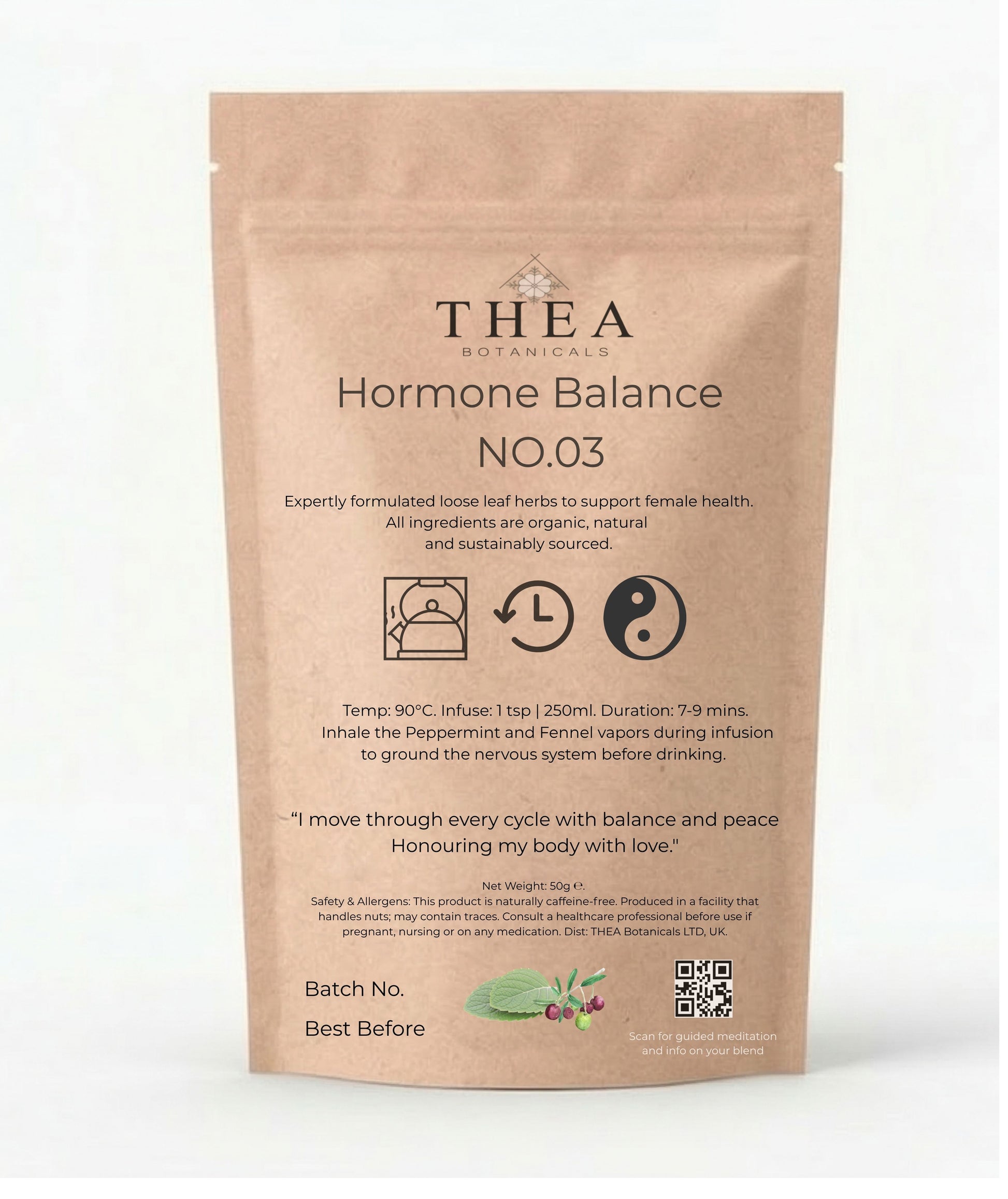 Thea Botanicals Hormone Balance Tea No.03 rear packaging showing brewing instructions and guided meditation QR code